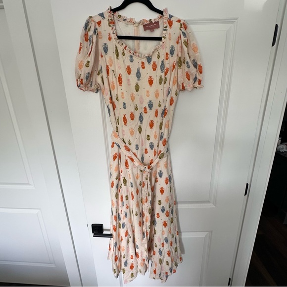 JessaKae (XL) Madrigal Dress Cream Bohemian Puff Sleeve Tie Waist Midi Dress - Picture 3 of 12